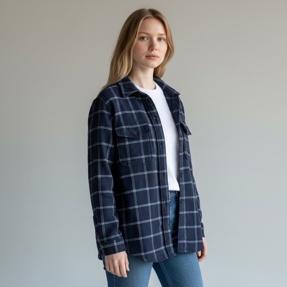 Tilley Unisex Wool Blend Navy Blue Plaid Flannel Shirt Jacket Shacket L